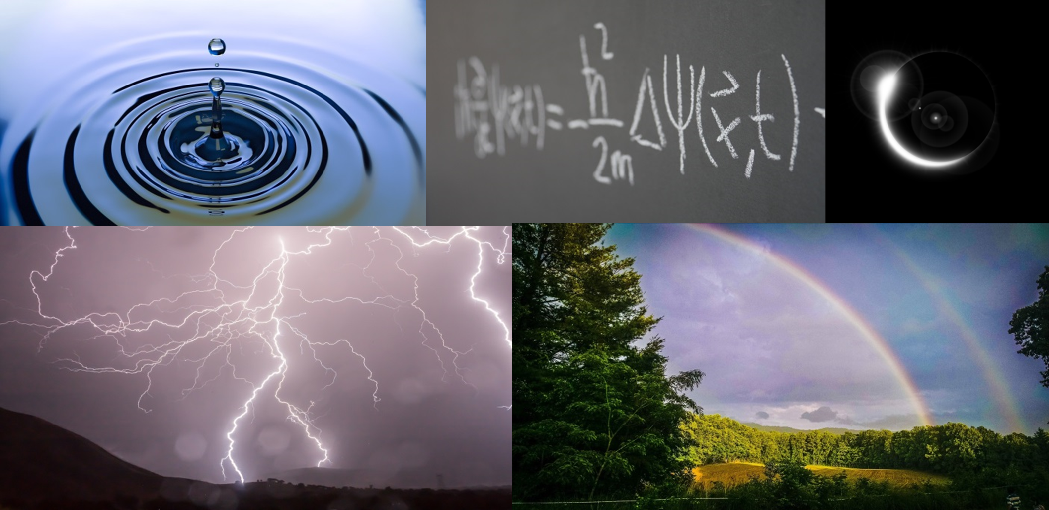 Collage zu Physik aus Wassertropfen, Tafelanschrieb, Mondfinsternis, Blitzen und Regenbogen